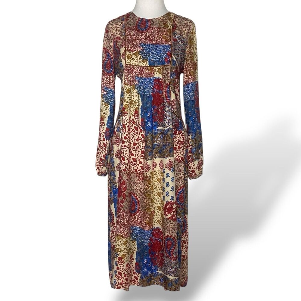 Zara Trafaluc Dress Size M Boho Brown Patchwork Print Cottage Core Bloggers Fav